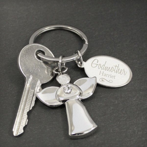 (image for) Personalised Silver Plated Swirls & Hearts Godmother Angel Keyri - Click Image to Close