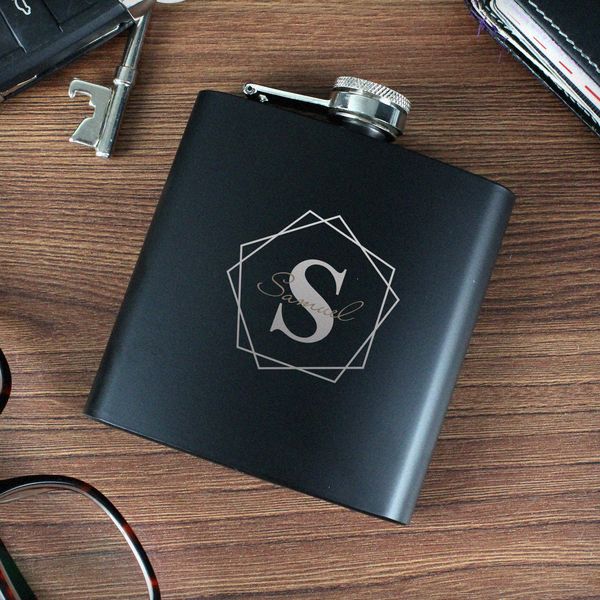 Modal Additional Images for Personalised Geometric Initial Black Hip Flask