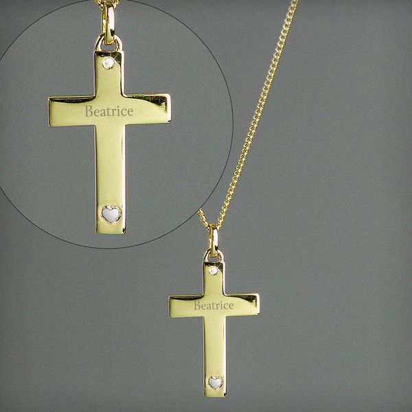 (image for) Personalised 9ct Gold Cross with Sterling Silver Heart & CZ Necklace - Click Image to Close