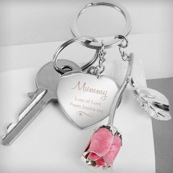 (image for) Personalised Silver Plated Swirls & Hearts Pink Rose Keyring