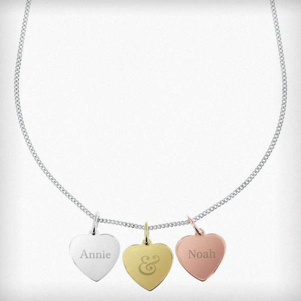 Modal Additional Images for Personalised Couples Gold Rose Gold and Silver 3 Hearts Necklace