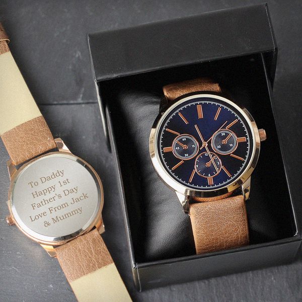 (image for) Personalised Mens Rose Gold Tone Watch with Brown Strap and Presentation Box - Click Image to Close