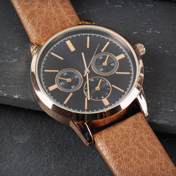 (image for) Personalised Mens Rose Gold Tone Watch with Brown Strap and Presentation Box - Click Image to Close