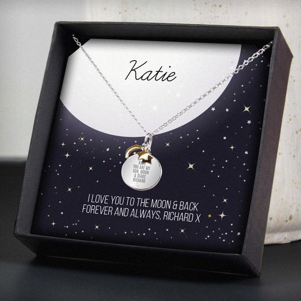 (image for) Personalised Sentiment Moon & Stars Sterling Silver Necklace and Box - Click Image to Close