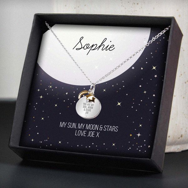 (image for) Personalised Sentiment Moon & Stars Sterling Silver Necklace and Box - Click Image to Close