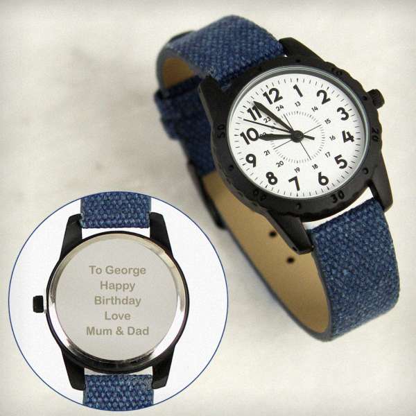 (image for) Personalised Black with Blue Canvas Strap Boys Watch - Click Image to Close