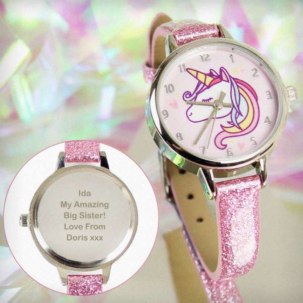 (image for) Personalised Unicorn with Pink Glitter Strap Girls Watch - Click Image to Close