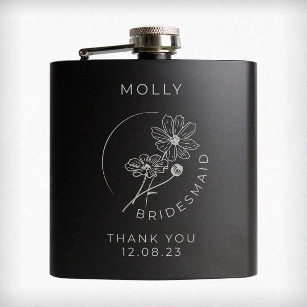 Modal Additional Images for Personalised Monochrome Floral Wedding Party Black Hip Flask