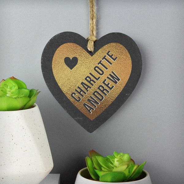 (image for) Personalised Couples Gold Printed Slate Heart Decoration - Click Image to Close