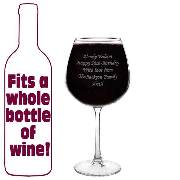(image for) 50th Birthday Gift Full Bottle Personalised Engraved Wine Glass - Click Image to Close