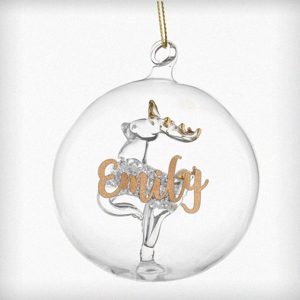 (image for) Personalised Gold Glitter Name Only Reindeer Glass Bauble - Click Image to Close
