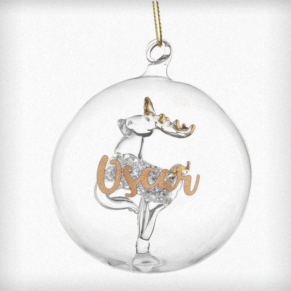 (image for) Personalised Gold Glitter Name Only Reindeer Glass Bauble - Click Image to Close