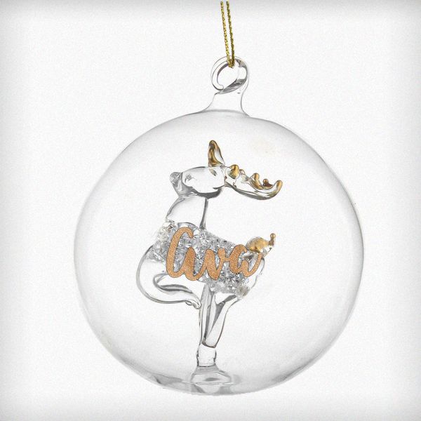 (image for) Personalised Gold Glitter Name Only Reindeer Glass Bauble - Click Image to Close