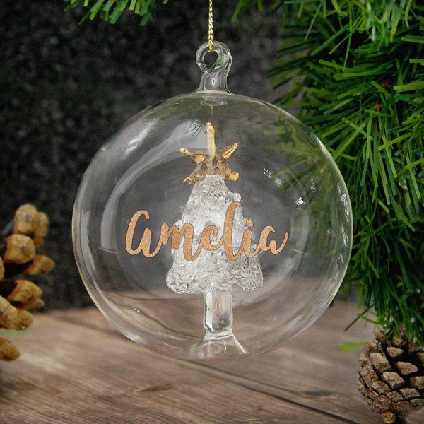 (image for) Personalised Gold Glitter Name Only Tree Glass Bauble - Click Image to Close