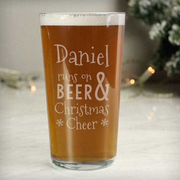 (image for) Personalised Runs On Beer & Christmas Cheer Pint Glass - Click Image to Close