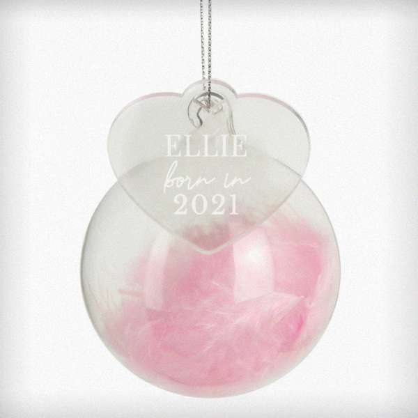(image for) Personalised Born In Pink Feather Glass Bauble With Heart Tag - Click Image to Close