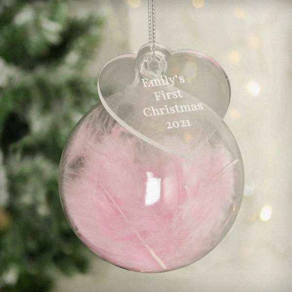 Modal Additional Images for Personalised Free Text Pink Feather Glass Bauble With Heart Tag