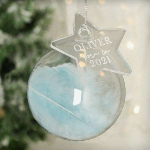 (image for) Personalised Born In Blue Feather Glass Bauble With Star Tag - Click Image to Close