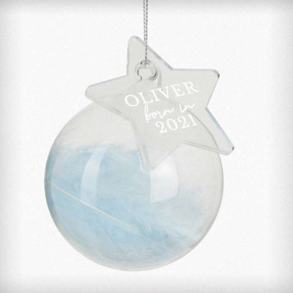 Modal Additional Images for Personalised Born In Blue Feather Glass Bauble With Star Tag