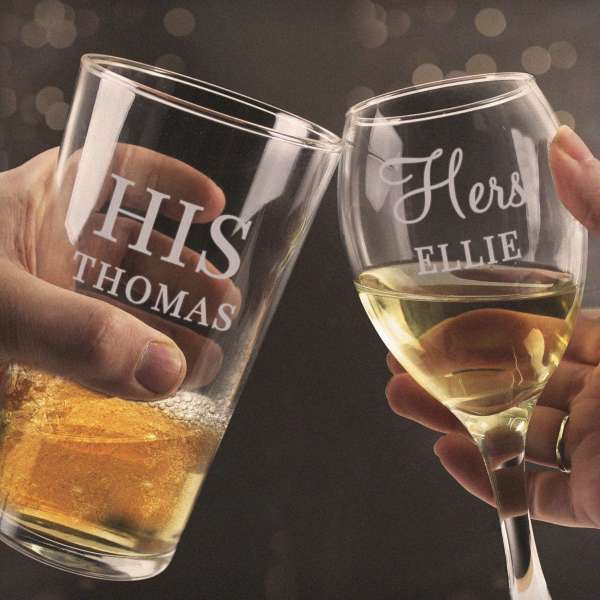 (image for) Personalised His & Her Pint and Wine Glass Set - Click Image to Close