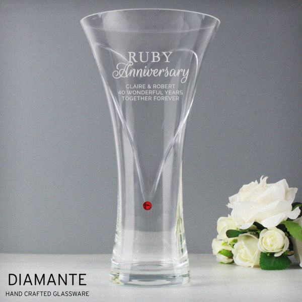 (image for) Personalised Ruby Anniversary Large Hand Cut Diamante Heart Vase - Click Image to Close