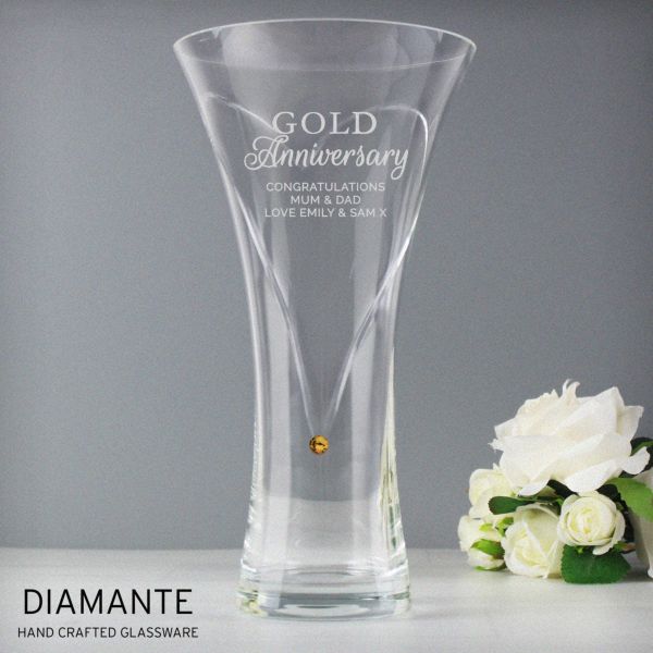 (image for) Personalised Gold Anniversary Large Hand Cut Diamante Heart Vase - Click Image to Close