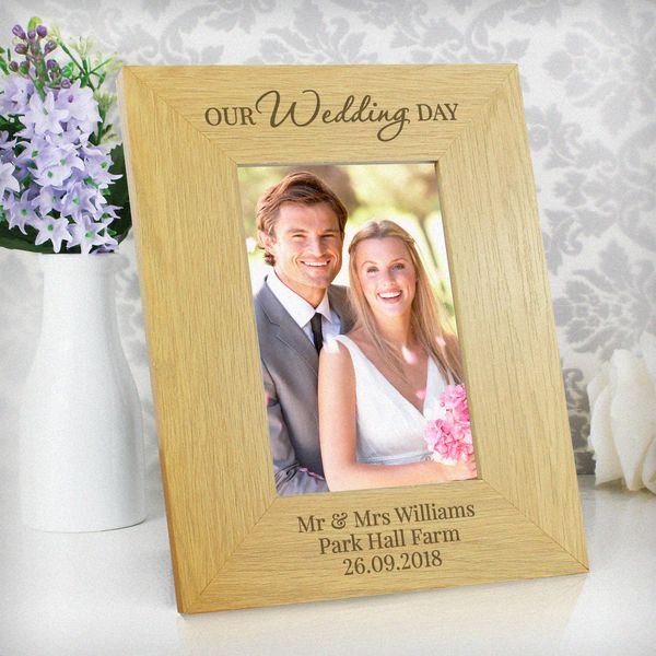 (image for) Personalised 'Our Wedding Day' Oak Finish 4x6 Photo Frame - Click Image to Close