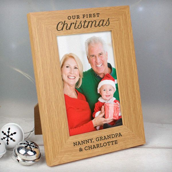(image for) Personalised 'Our First Christmas' 4x6 Oak Finish Photo Frame - Click Image to Close
