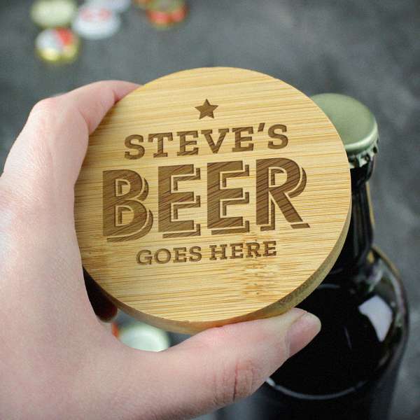 (image for) Personalised Beer Goes Here Bamboo Bottle Opener Coaster - Click Image to Close