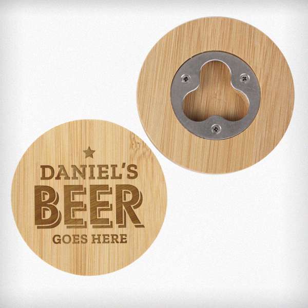 (image for) Personalised Beer Goes Here Bamboo Bottle Opener Coaster - Click Image to Close
