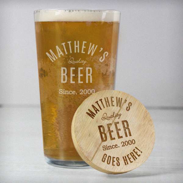 (image for) Personalised Free Text Bamboo Bottle Opener Coaster and Pint Glass - Click Image to Close