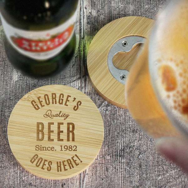 (image for) Personalised Free Text Bamboo Bottle Opener Coaster and Pint Glass - Click Image to Close
