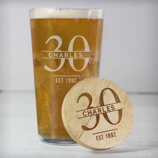 (image for) Personalised Big Age Bamboo Bottle Opener Coaster and Pint Glass Set - Click Image to Close