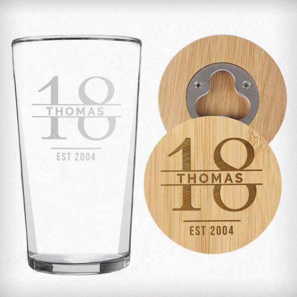 (image for) Personalised Big Age Bamboo Bottle Opener Coaster and Pint Glass Set - Click Image to Close