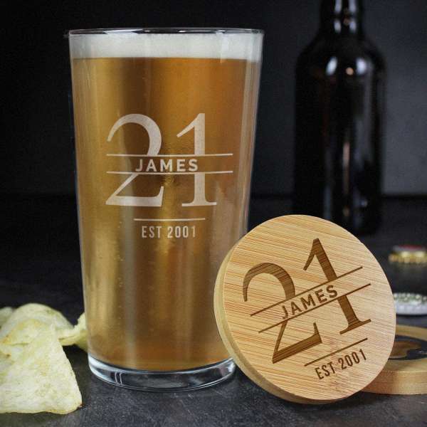 Modal Additional Images for Personalised Big Age Bamboo Bottle Opener Coaster and Pint Glass Set