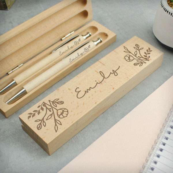 (image for) Personalised Floral Wooden Pen and Pencil Set - Click Image to Close