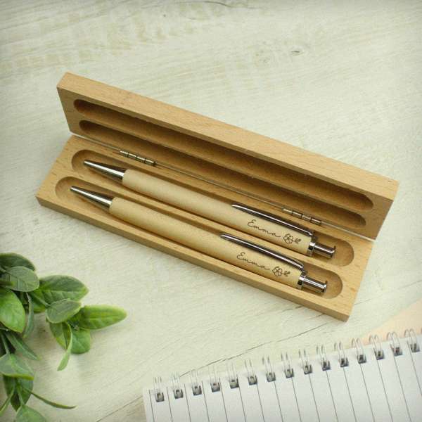 (image for) Personalised Floral Wooden Pen and Pencil Set - Click Image to Close