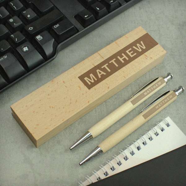 (image for) Personalised Name Only Wooden Pen and Pencil Set - Click Image to Close