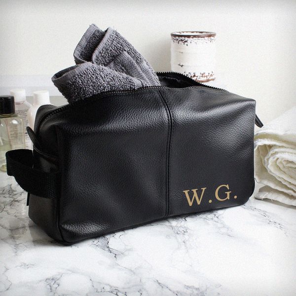 (image for) Personalised Luxury Initials Black leatherette Wash Bag - Click Image to Close