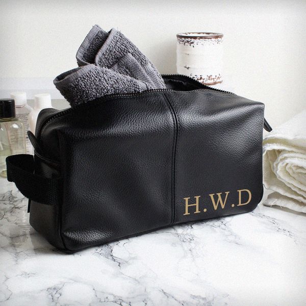 (image for) Personalised Luxury Initials Black leatherette Wash Bag - Click Image to Close