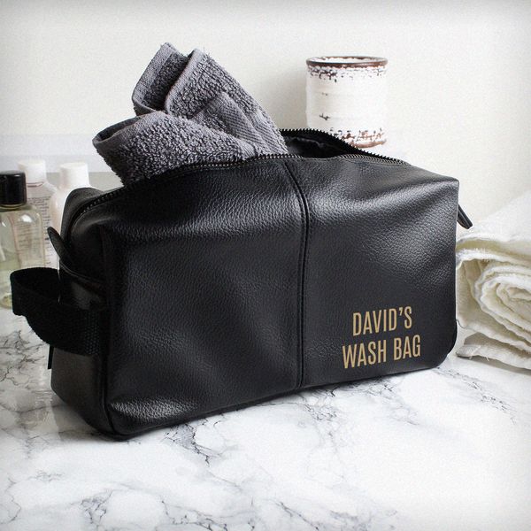 (image for) Personalised Luxury Black leatherette Wash Bag - Click Image to Close