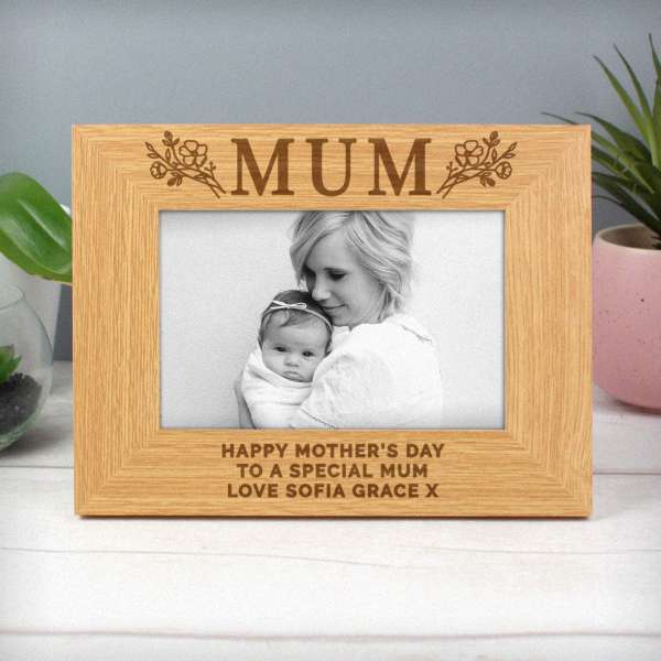 (image for) Personalised Floral Mum 4x6 Oak Finish Photo Frame - Click Image to Close