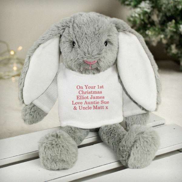 (image for) Personalised Christmas Bunny Rabbit Soft Toy In Red Jumper - Click Image to Close