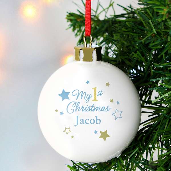 (image for) Personalised Gold & Blue Stars My 1st Christmas Bauble - Click Image to Close