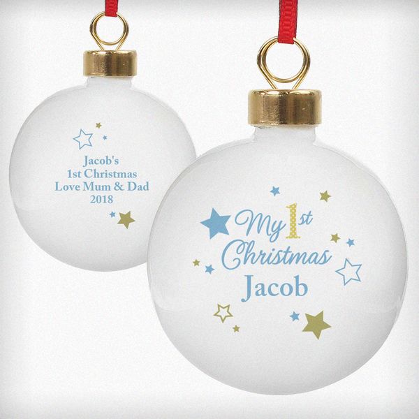 (image for) Personalised Gold & Blue Stars My 1st Christmas Bauble - Click Image to Close