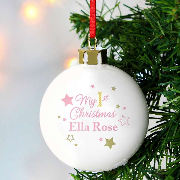 (image for) Personalised Gold & Pink Stars My 1st Christmas Bauble - Click Image to Close