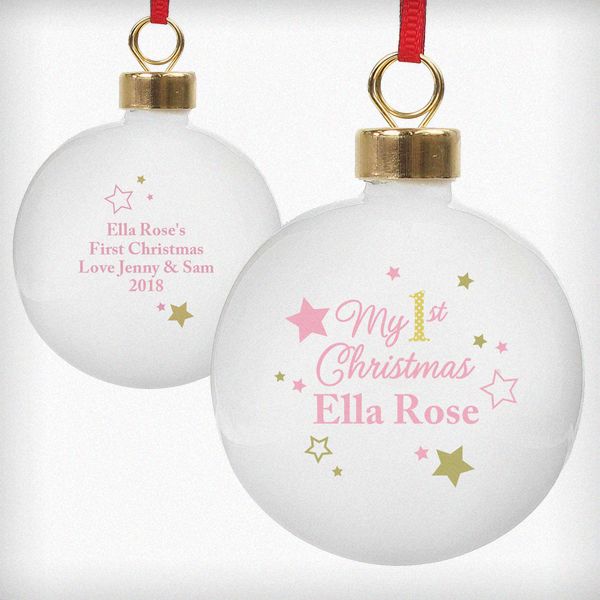 (image for) Personalised Gold & Pink Stars My 1st Christmas Bauble - Click Image to Close