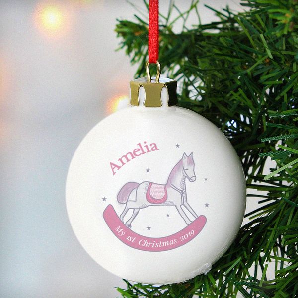 Modal Additional Images for Personalised 1st Christmas Pink Rocking Horse Bauble