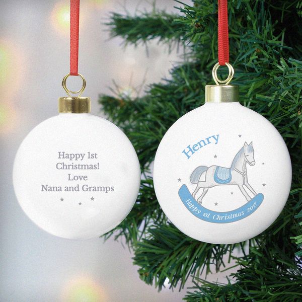 (image for) Personalised 1st Christmas Blue Rocking Horse Bauble - Click Image to Close