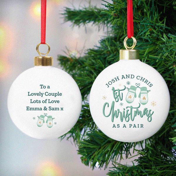 (image for) Personalised Couples Christmas Mittens Bauble - Click Image to Close